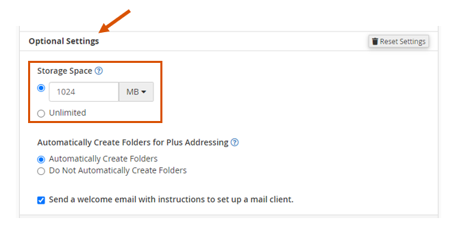 opciones adicionales al crear la cuenta de email en cpanel